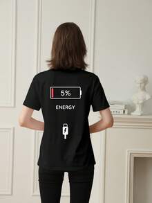 新款夏季 Z 世代 Y2K 风格女式趣味印花圆领短袖 T 恤 休闲黑色 - 黑色 - 查看 2