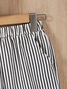 2 Stücke/Set Jungen gestreiftes Kurzarmhemd + Shorts, lässiger, weiter Sommeroutfit - Grau - Übersicht 6