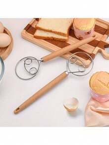 Stainless Steel Danish Dough Mixer With Wooden Handle, Multifunctional Manual Mixer Suitable For Bread, Pastry And Cake Baking, Kitchen Tool - Multicolor - View 3