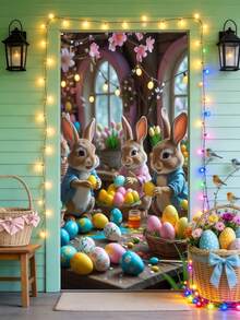 1 pieza Bandera de puerta 2D, Cartel de puerta de Pascua feliz, Decoración de porche con patrón de corona de conejo vibrante, Decoración de Pascua, Regalo, Poliéster brillante, Adecuado para decoración de primavera en el hogar, Decoración colgante para puerta delantera, Suministros de fondo de fotografía - Multicolor - Ver 17