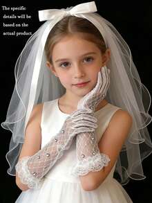 2件套儿童蝴蝶头纱婚纱新娘头纱短款双层珍珠白头纱+长蕾丝手套 - 彩色 - 查看 2