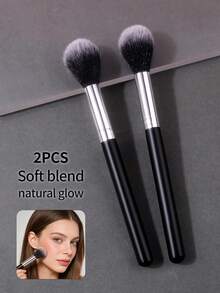 2pcs Face Powder Blush Highlighter Brush Set, Flame Blush Brush Soft Hair Makeup Brushes, Natural Gradient Brightening Makeup Brushes, Beginner Makeup Tools - Black - View 3