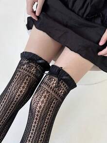 1 đôi tất dài đến đùi màu trắng mỏng, viền ren, trong suốt, thích hợp cho mùa xuân/hè, phong cách Lolita Nhật Bản. - màu đen - Xem 3