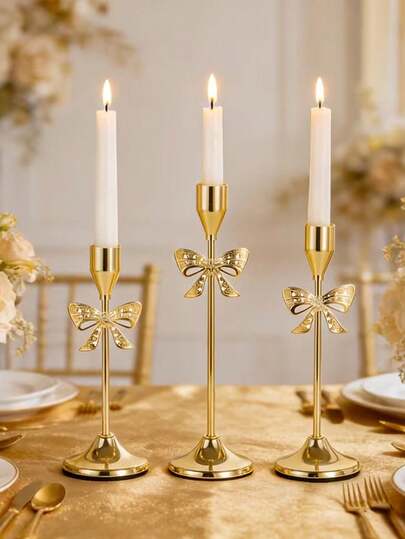 3个蝴蝶结锥形金色烛台，三种尺寸，复古装饰，适用于餐桌、壁炉，优雅浪漫的烛台，乔迁礼物，梳妆台装饰