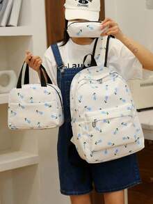 3pcs Nylon Bow Print Backpack Set,Foldable Multi-Po Cket Large CapacityWater-Resistant Zipper Backpack Suitable F Or Teenagers,High School, College Students,Ladies,Daily Use, Commuting,Traveling,Gifts For Valentine's Day - Multicolor - View 12