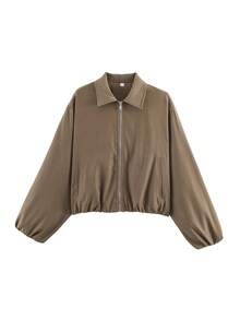 Damvinröd jacka med dragkedja och fickor - Avslappnad vår-/höstkappa med lös krage - Kastanjebrun - Visa 4