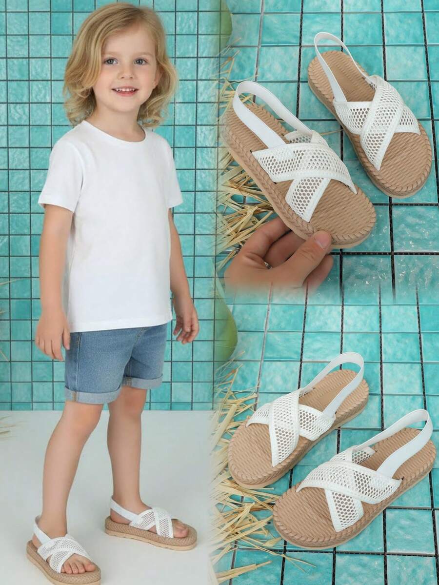 1双女士白色网眼装饰面料高弹透气减震防滑耐磨圆头简约时尚沙滩风套脚泡沫平底凉鞋，适合3-15岁女孩日常、居家、旅行、派对穿着，2026春夏新款泡沫凉鞋 - 白色 - 查看 1