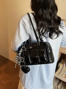 This Is A Fashionable And High-End All-Black Shoulder Bag, Featuring Letter Decoration And An External Black Heart-Shaped Pendant Design. The Handbag Has Multiple Pockets And Multi-Functional Compartments, Using Smooth Zippers For Closure, And A Dual-Handle Top That Allows For Shoulder Or Hand Carrying. It Is Very Suitable For Ladies To Use When Going Out, Shopping, Or On Dates. - Black - View 6
