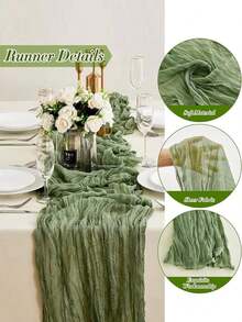 1pc Cheese Cloth Table Runner Crinkle Fabric Tablecloth For Wedding Bridal Birthday Party Long Table & Round Dining Table Centerpiece Decor - Green - View 3