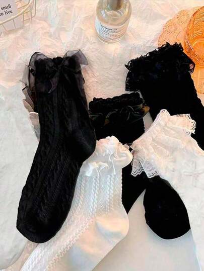 6 Pairs Random Cute Bow & Ruffle Design Socks - Japanese Fashion Ankle Socks - Soft & Comfortable Women Crew Socks - Add Bright Colors To Your Wardrobe