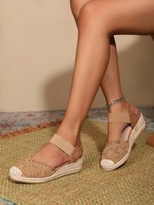 1双透气单根橡皮筋时尚休闲亚麻绳厚底女鞋 - 棕色 - 查看 5