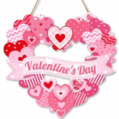 1pc Valentine's Day Sweet Heart Wreath, Overflowing Pink Heart Shape, Ribbon Inscribed "Valentine's Day", Contrasting Plaid + Wavy Texture With Layered Design, Ideal For Hanging On Entryway/Bedroom Door To Create Romantic Ambiance, Essential For Valentine's Day Confession And Wedding Room Decor - Wooden Valentine's Day Hanging Door Sign, Wooden Heart Art Decor, Pink Romantic Love Valentine's Day Decor, Suitable For Porch, Home, Wall, Outdoor Decoration
