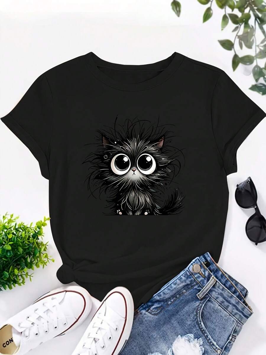 0-8XL Women Casual Short Sleeve T-Shirt Cute Cat Print Round Neck Breathable Tee Machine Washable All-Season Comfort Fit For Casual Attire Ladies T Shirts Comfortable Fit Versatile Top Playful Design Durable Construction Printed Top Fashion Enthusiasts - 黑色 - 查看 1
