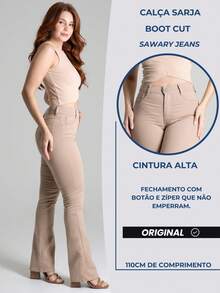 Calça Jeans Feminina Sawary Cintura Alta Flare Boca Sino Elastano Lycra Confortável Fler Bonita - Bege - Visão 3