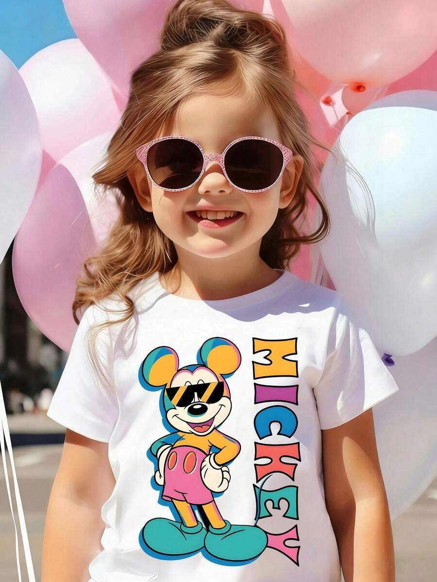 Disney White Background Mickey Mouse Color-Blocked Sunglasses Pose Vertical Letter Print Kids' Short Sleeve T-Shirt - Vibrant And Playful Casual Top - White - View 1