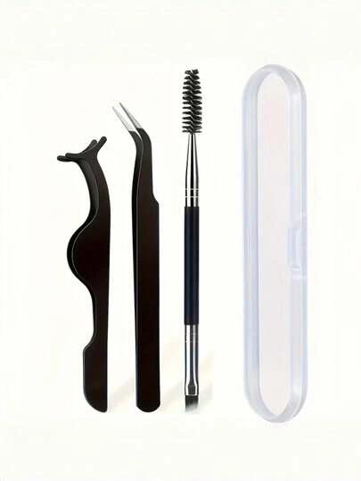 3-delat set med böjda ögonfranspincett - Ögonbrynsborste med dubbla ändar och ögonfransböjare, spetsig sax och verktyg för applicering av lösögonfransar - Praktiskt för semester och resor