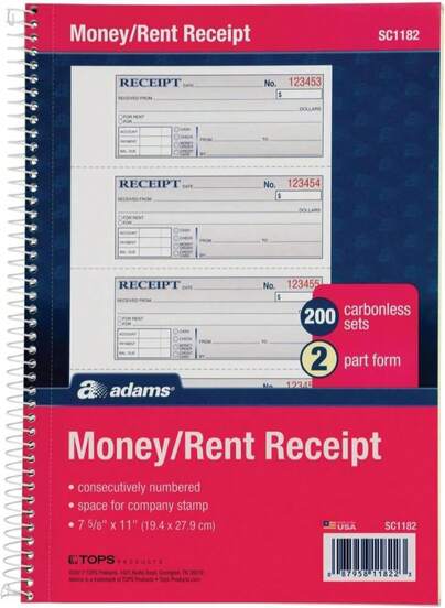 Adams Money And Rent Receipt Book, 2-Part Carbonless, 7-5_8" X 11", Spiral Bound, 200 Sets Per Book, 4 Receipts Per Page (SC1182), White_Canary