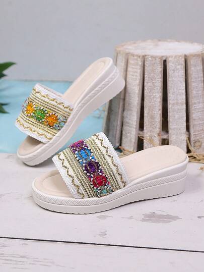 1 Pair Children's Casual Holiday Woven Platform Thick Sole Summer Wedge Slide Sandals