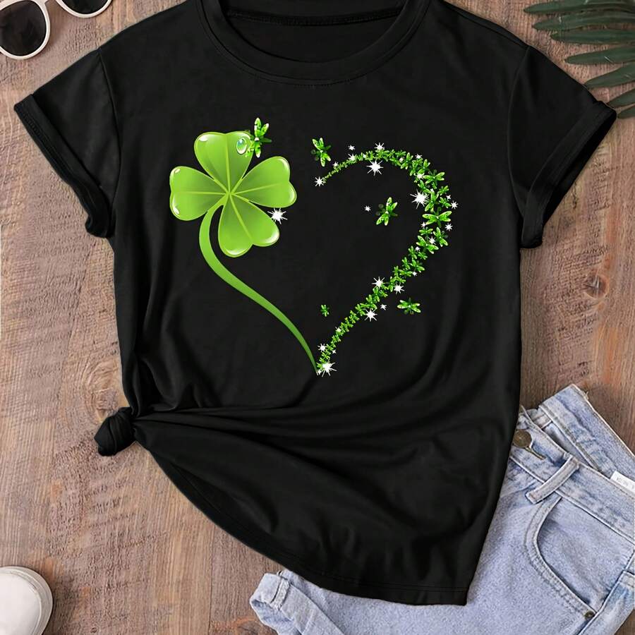Clover print and heart pattern + slim-fit round neck T-shirt in small and plus sizes, summerspring Women's top - Negro - Ver 1