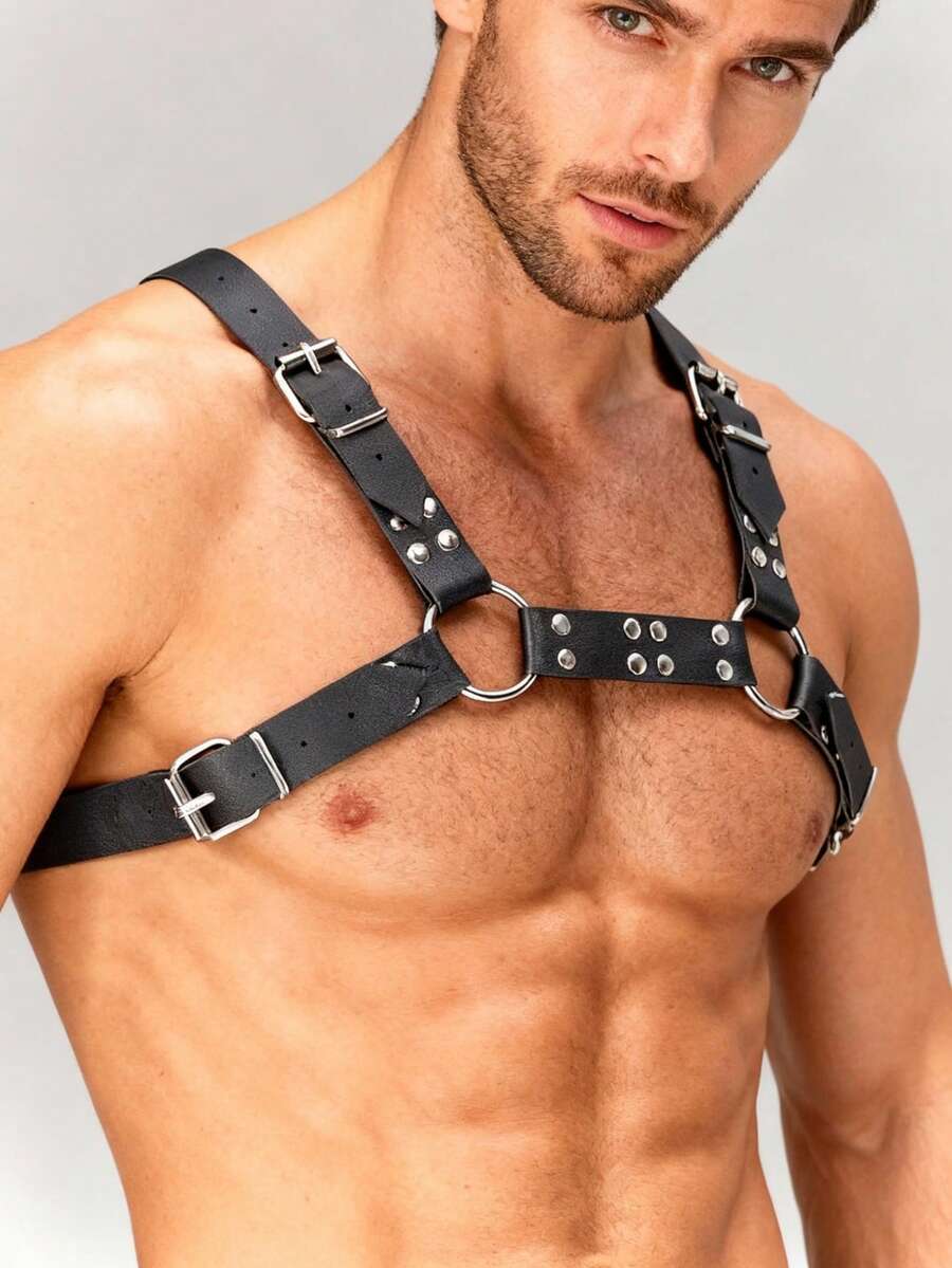 1pc Men's Gothic Punk Black Faux Leather Chest Harness With Metal Rings & Rivets Adjustable For Club Rave Party Outfit - Multicolor - View 1
