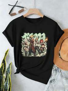 T-shirt noir décontracté à imprimé graphique anime, en coton doux, col rond, coupe confortable, imprimé accrocheur - Noir - Voir 2