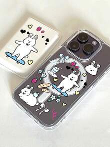 1pc Transparent Magnetic Cute Cartoon Skateboard Rabbit + Magnetic PU Leather Card Holder TPU Shockproof Phone Case Cover For IPhone11/12/13/14/15/16/17/PROMAX - Clear - View 3