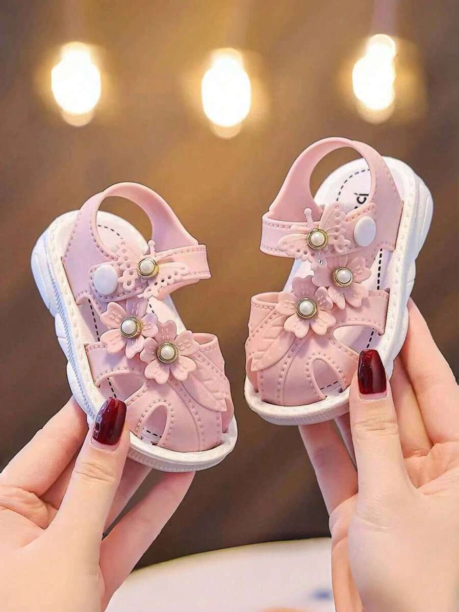 女童凉鞋，夏季婴儿闭趾凉鞋，时尚软底魔术贴童鞋 - 粉色 - 查看 1