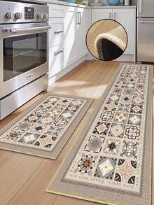 3.5mm Thick Vintage Tile Pattern Kitchen Mat, Soft Rubber Linen Material, Absorbent And Easy To Clean Floor Rug, Suitable For Kitchen, Bathroom, Laundry Room, Entryway And More - Multicolor - View 8