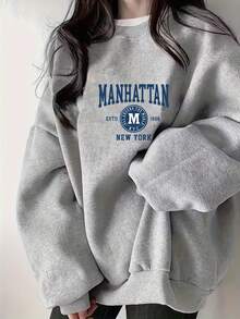 Fashionable Graphic Print Minimalist Niche Gray Women Crew Neck Sweatshirt, Autumn/Winter - 1.5 Gray - View 1