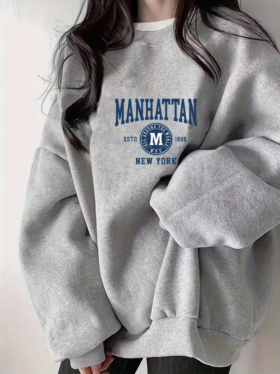 Fashionable Graphic Print Minimalist Niche Gray Women Crew Neck Sweatshirt, Autumn/Winter - 1.5 Gray - View 1