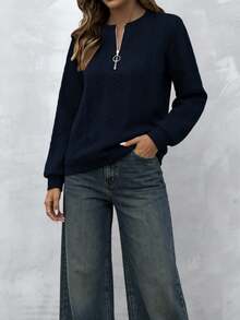New Women's Half-Zip Sweatshirt, Featuring Retro Cable Knit, Half Zip, Puff Sleeves, Knit Sweatshirt Design, Structured Fit, Flattering Silhouette, Understated Luxury, Lightweight Comfort, And Versatile Solid Color. - Màu xanh hải quân - Xem 4