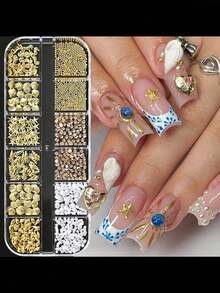 12Pcs 3D Ocean Theme Nail Charms Nail Decorations,Multi Shaped Golden Alloy Shell Abalone Seahorse Starfish Conch Pearl Mini Caviar Beads Rhinestone 3D Ocean Series Metal Pendant Suitable For Nail Art Jewelry Craft Project Diy Nail Charms Nail Gems Nail Supplies Nails - 金色 - 查看 9