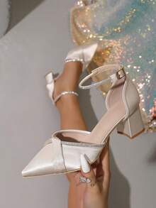 Spring New Fashion Women's Pointed Toe Wedding High Heels, Hollow Out Thick Heel Rhinestone Bow Tie Casual Comfortable Shoes - Apricot - View 3