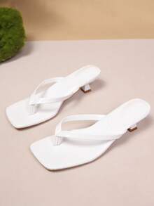 柔软皮革方头宽带凉拖鞋，猫跟人字拖，百搭细高跟女式拖鞋 - 白色 - 查看 2