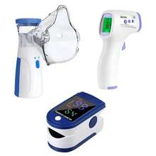 Nebulizador, Nebulizador portátil, Termometro infrarrojo y oximetro dedo, Máquina de nebulización para adultos y niños, para problemas respiratorios, máscaras de nebulización Nebulizador de malla, Hidratación facial - Azul y blanco - Ver 1