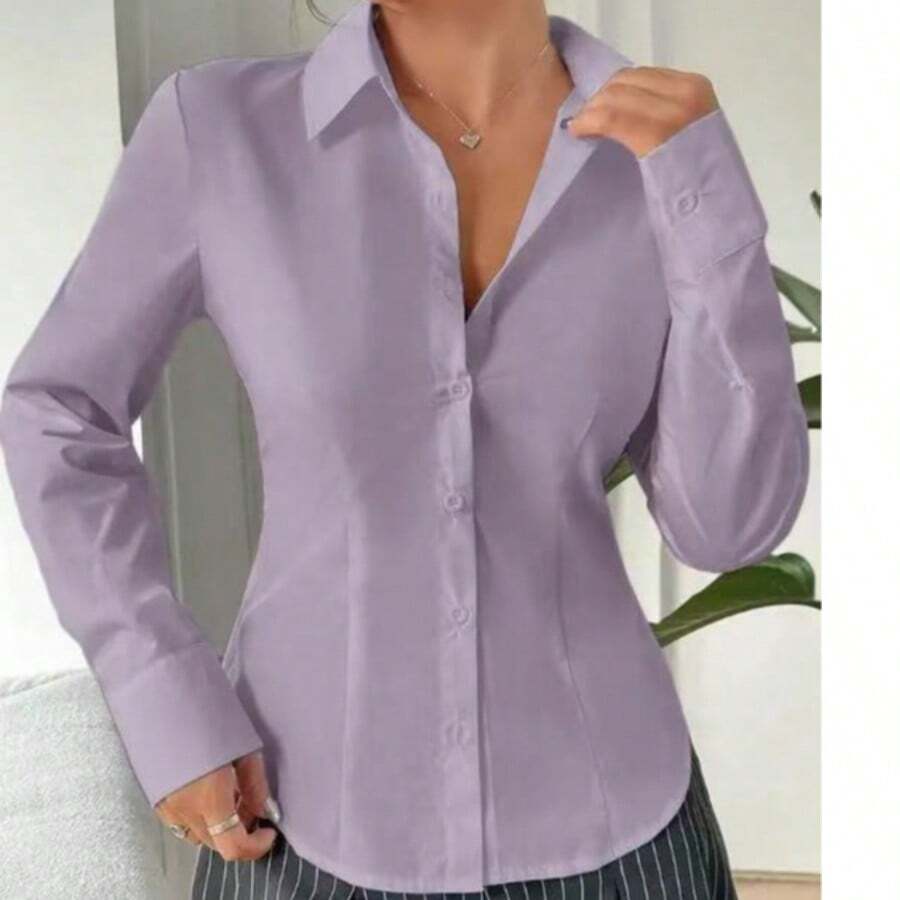 Women's Long Sleeve Polyester Button-Up Shirt, Collared, Regular Length Spring - Mauve Purple - View 1