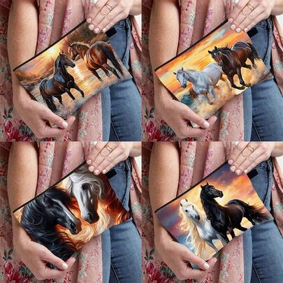 Borsa imbottita con motivo a cavalli bianco e nero, stile amante degli animali con cavallo bianco, alla moda e casual, grande capacità, borsa cosmetica in poliestere con cerniera portatile, borsa da ufficio per lo storage, borsa cosmetica da viaggio e vacanza con motivo cavalli in corsa, adatta per viaggi e uso quotidiano