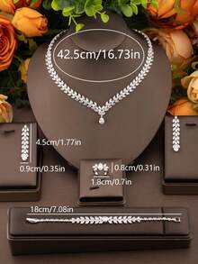 一套奢华优雅的立方氧化锆麦穗造型首饰套装，包含1对耳环、1条项链、1条手链、1枚戒指，适合女性婚礼派对佩戴，不含礼盒。 - 銀色 - 查看 5