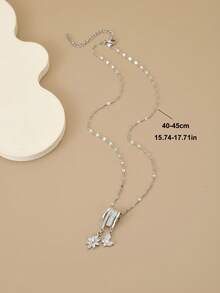 1pc Fashionable Full Rhinestone Flower & Butterfly Stainless Steel Necklace, Silver Necklace, Silver Jewelry, Women's Jewelry, Summer, Beach, Valentine's Day, Carnival, Birthday Gift, Gift For Lover - Flowers and Butterflies - View 3