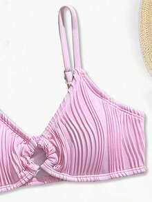 少女比基尼套装，粉色针织面料，特殊材质，两件式泳衣，深V领，可调节肩带，O型环装饰，新款夏季海滩度假泳装 - 粉色 - 查看 3