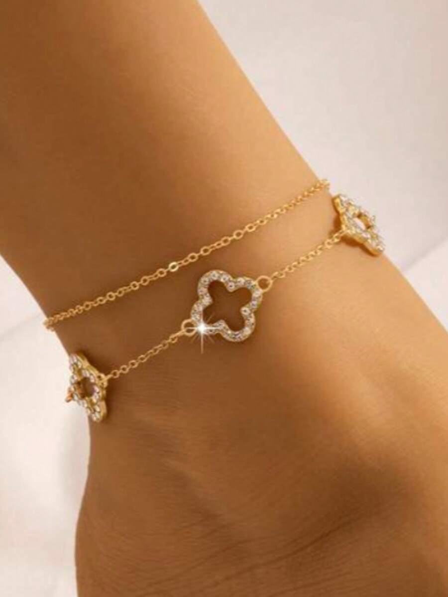 1 pieza Calcetines de tobillo minimalistas y de moda con doble capa hueca en forma de trébol para mujeres - Dorado - Ver 1