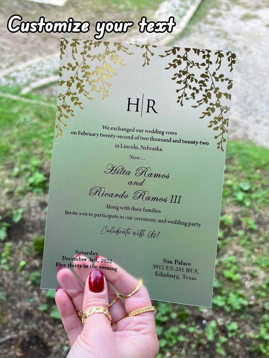 定制现代磨砂亚克力婚礼邀请卡 - 亚克力婚礼策划相册，带相框插槽，可自定义照片和文字字段（姓名/日期/地点） - 高品质新人留言簿 - 彩色 - 查看 1