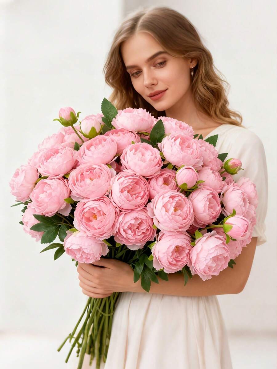 15支/套 仿真粉色牡丹花，适用于婚礼、母亲节、复活节和春季装饰，室内外家居装饰，节日装饰，DIY花束制作，新娘捧花，婚礼装饰，派对装饰，酒店装饰和桌面摆件 - 粉色 - 查看 1