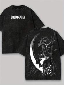 Men's Heavyweight 100% Cotton "Soul Eater" Anime T-Shirt - Retro Street Style Printed Loose Casual Shirt, Suitable For Y2K Style And Anime Fans, Breathable Summer Gift - màu đen - Xem 2