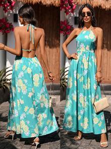 优雅波西米亚风露背吊带度假风夏季长裙；可爱复古沙滩风长裙；性感印花A字长裙度假派对 - 綠色 - 查看 5