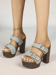 Giày sandal cao gót mùa hè mới dành cho nữ, đế dày chống thấm nước, quai ngang gợi cảm, hở mũi, đế dày. - Màu xanh lam - Xem 4
