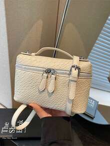 1pc Spring/Summer New PU Leather Woven Texture Square Handbag, Woven Design Dual-Zipper Closure, Fashion Minimalist Elegant Versatile Box Bag Suitable For Commuting, Office, Dating, Daily, Shopping - White - View 3