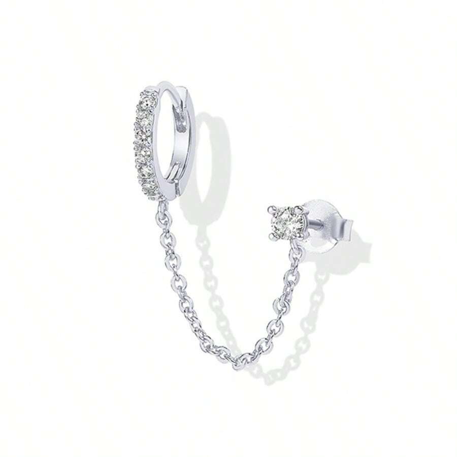 1件装女士单耳链式耳环 | 双孔链式耳环 | 女士立方氧化锆耳环 - 銀色 - 查看 1