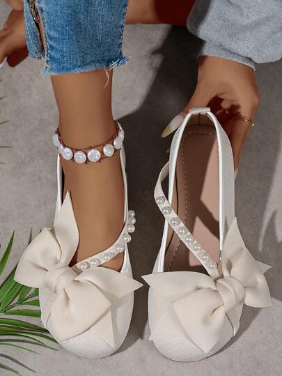 Solid Color Series Fashion Oversized Bow Pearl Strap Design Slip-On Women's Flat Loafers, New Spring/Summer Lightweight Casual Shoes For Outdoor, Street, Commute, Office, Shopping