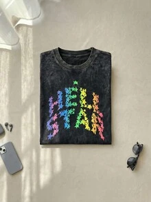 Hell Star Rainbow Star Logo Graphic Tee Acid Washed Cotton Shirt Unisex Couple Matching Summer Outfits Colorful Star Pattern Gradient Print Y2K Streetwear Aesthetic Distressed Graphic Tees Men Oversized T Shirt Camisetas Para Hombre - 黑色 - 查看 2